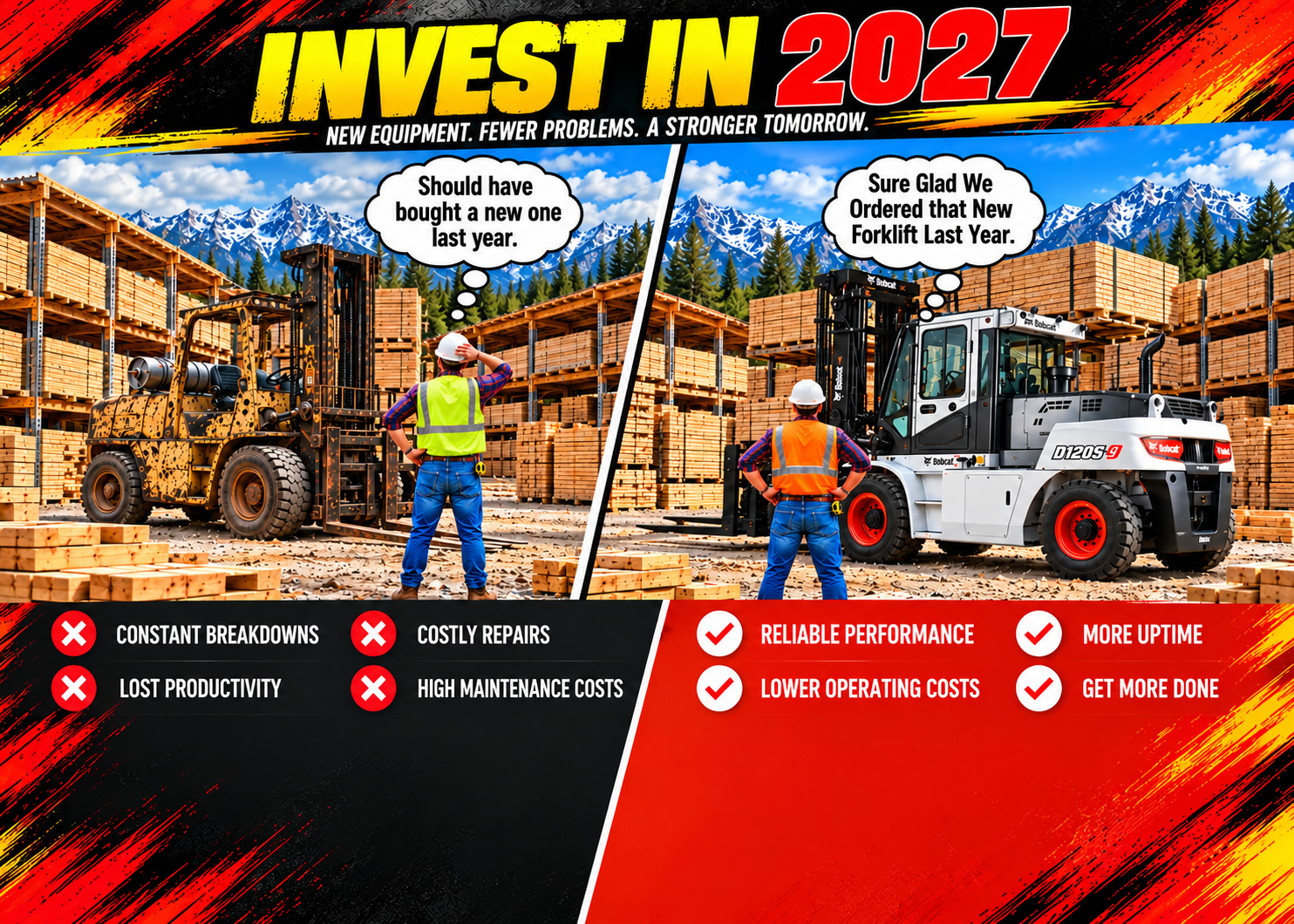 Forklift scenes with bold split-color footer